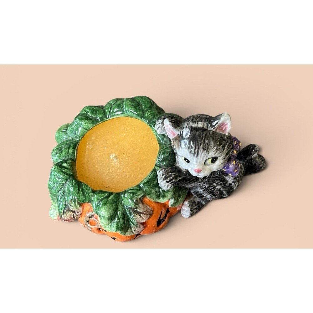 Fitz & Floyd Essentials Halloween Kitty Pumpkin Candle Holder Jar Jack-O-Lantern - Picture 5 of 12